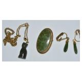 Vtg Catamore GF Jade Oval Brooch, Jade Cat Pendant