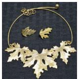 Vtg Goldtone Leaf Motif Choker Necklace & Earrings