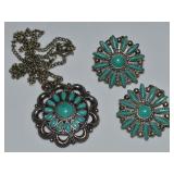 Vtg Faux Turquoise Petit Point & Cabachon Jewelry