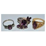 (3) Vtg Costume Jewelry Rings w/ Amethyst + AB