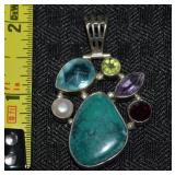 925 Sterling Multi Gemstone & Pearl Pendant