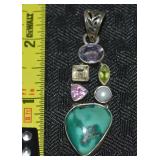 925 Sterling Multi Gemstone & Pearl Pendant
