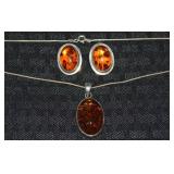 925 Sterling Baltic Amber Pendant Necklace +