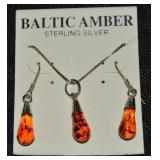 925 Sterling Baltic Amber Pendant Necklace +