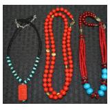 (3) Beaded Necklaces w/ Cinnabar & Turquoise +