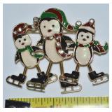 Whimsical Enamel Rhinestone Penguins Brooch