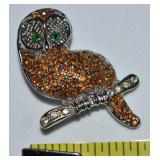 Silvertone Rhinestone Perched Owl Brooch