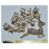 Goldtone Rhinestone Christmas Reindeer Brooch