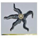 Silvertone w/ Blue Rhinestone & Faux Pearl Starf