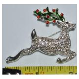 Silvertone Rhinestone & Enamel Reindeer Brooch