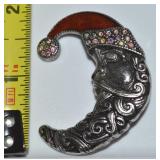 Pewter Tone RS Enamel Santa Claus Moon Brooch