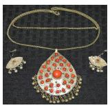 Vtg Turkmen Silver & Coral Pendant Necklace &