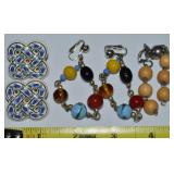 (3) Vtg Clip Earrings w/ Porcelain, Wood & Glass