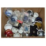 Box of Miniature NFL Football Helmets, Mugs +