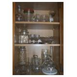 Kitchen Cupboard Contents Lot: Glass Jars, Cruets+