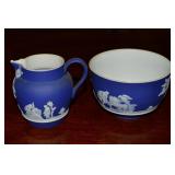 Vtg Wedgwood Blue Jasperware Creamer & Sugar