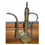 Vtg Indian Brass Etched Ewer/Surahi 16" Tall