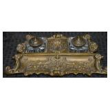 Antique Gilt Brass Heavy Double Inkwell w/ Inserts