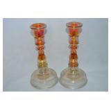 Pair Vtg Imperial Marigold Carnival Glass Candle