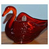 Vtg Fenton Amberina Art Glass Swan Dish 5.25"w