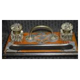 Antique Lacquered Wood Double Inkwell w/ Swirled