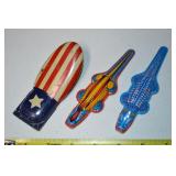 (3) Tin Litho Noisemaker Toys: Flag & Alligators
