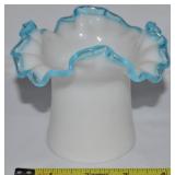 Vtg Fenton Aqua Crest Milk Glass Ruffled Rim Vase