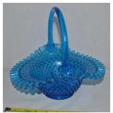 Vtg Fenton Blue Hobnail Art Glass Basket 10.5" W
