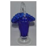 Vtg Cobalt Blue & Clear Thick Art Glass Basket 10"