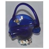 Vtg Handmade Cobalt Glass & Seashell Accents