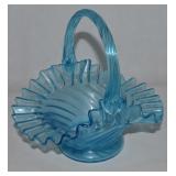 Vtg Blue Blown Twisted Art Glass Basket 8.5" wide