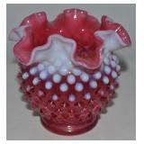 Vtg Fenton Cramberry Opalescent Hobnail Rose Bowl