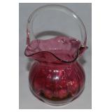 Vtg Pilgrim Cranberry Optic Art Glass Basket 5.75t
