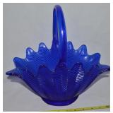 Vtg LE Smith Cobalt Blue Feather Art Glass Basket