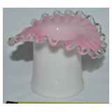Vtg Fenton Peach Crest Milk Glass Crimped Rim