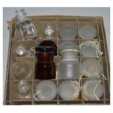 Box full of Small Glass Apothecary Bottles / Lids
