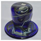 Studio Blown Cobalt Swirled Art Glass Hat Vase