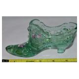 Vtg Fenton Handpainted Green Cabbage Rose Shoe