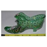 Vtg Fenton Iridized Green Handpainted Cat in Shoe