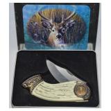 Stainless Steel Deer Themed Folding Knife in Tin