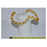 Vtg Fenton Amber Crest Milk Glass Ruffled Rim Vase