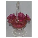 Vtg Cranberry & Clear Art Glass Footed Basket 10"