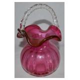Vtg Cranberry Optic Art Glass Basket 9" tall