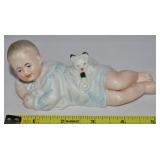 Bisque Handpainted Piano Baby Boy & Cat Figure