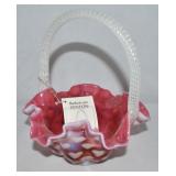 Vtg Fenton Cranberry Opalescent Heart Optic Basket
