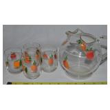 Vtg Handpainted Fruit Motif Glass Ball Pitcher & 4