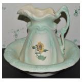 Vtg Ceramic Sunflower Motif Pitcher & Basin Set