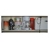 Shelf Lot w/ Kitchen Items: Bread Maker, Thermoses