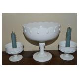 (3) Vintage Milk Glass Pcs w/ Compote & Candle