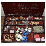 Vtg Tortoise Shell Jewelry Case w/ Earrings, Pin +